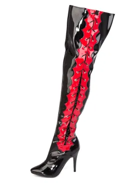 Black & Red Thigh Boots With Side Lacing