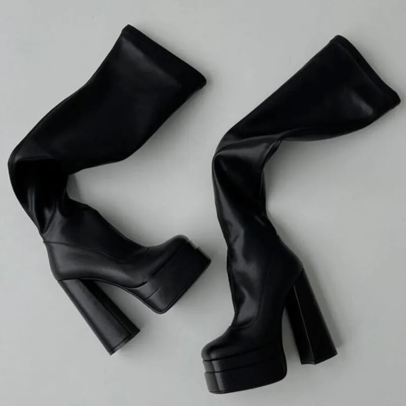 Black Chunky Square Heel Thigh High Over The Knee Boots