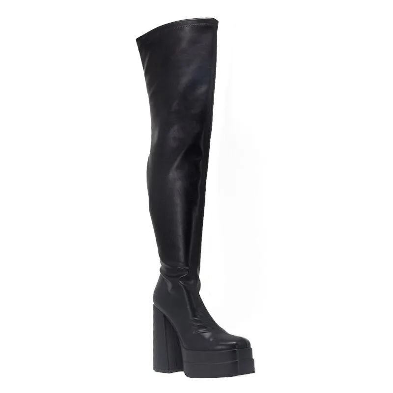 Black Chunky Square Heel Thigh High Over The Knee Boots