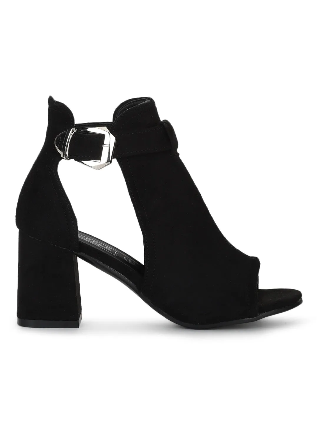 Black Micro Buckle Peep Toe Block Heels