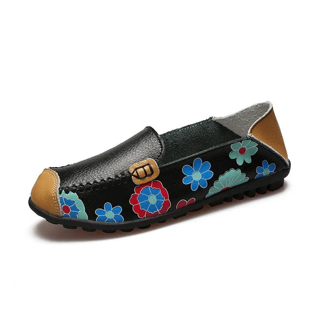 Cow Muscle Ballet Summer Flower Print Women Genuine Leather Shoes Woman  Flat Flexible Nurse  Peas Loafer Flats Appliques