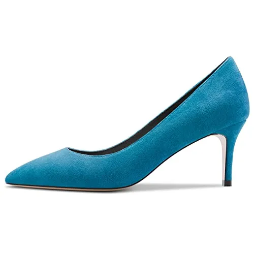 DearOnly Womens Pumps Pointed Toe High Stiletto Heel Slip On Suede Dress Shoes Classic Blue 2.5 Inch