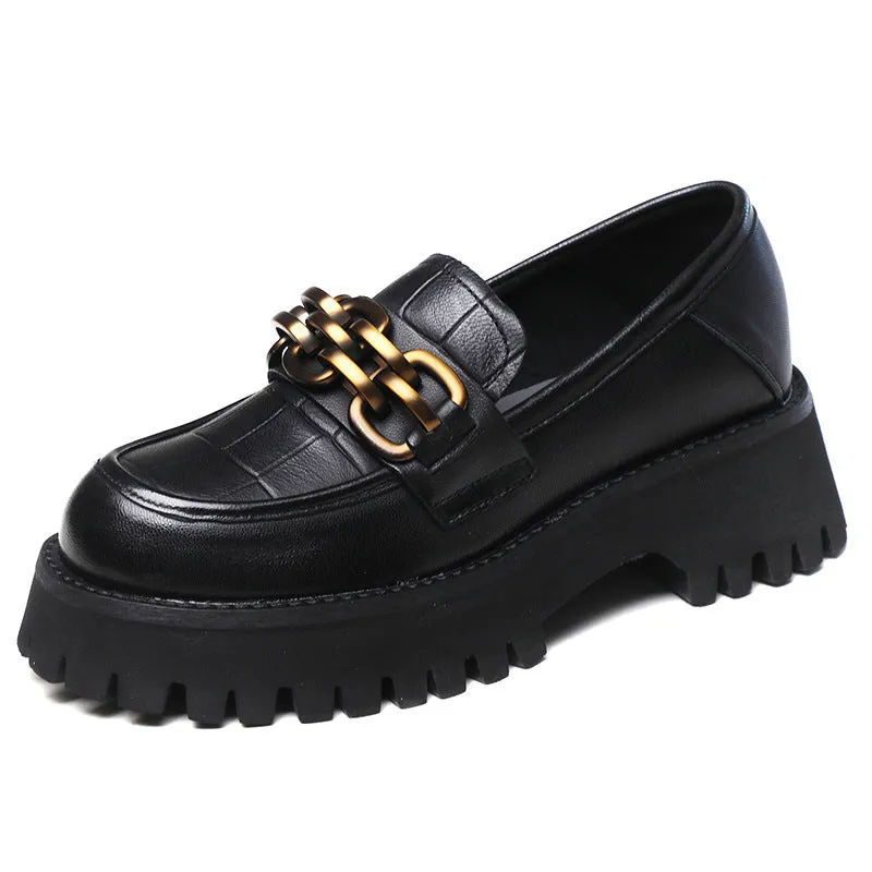 Handmade Genuine Cow Leather Chunky Loafers Platform Ladies Flats