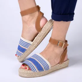 Madison Nautical Stripped Peep Toe Espadrille - Beige/Blue