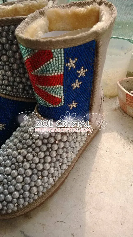 New**England Flag Style WINTER Bling and Sparkly Creamy White Pearls Wool BOOTS w shinning Czech or Swarovski crystals