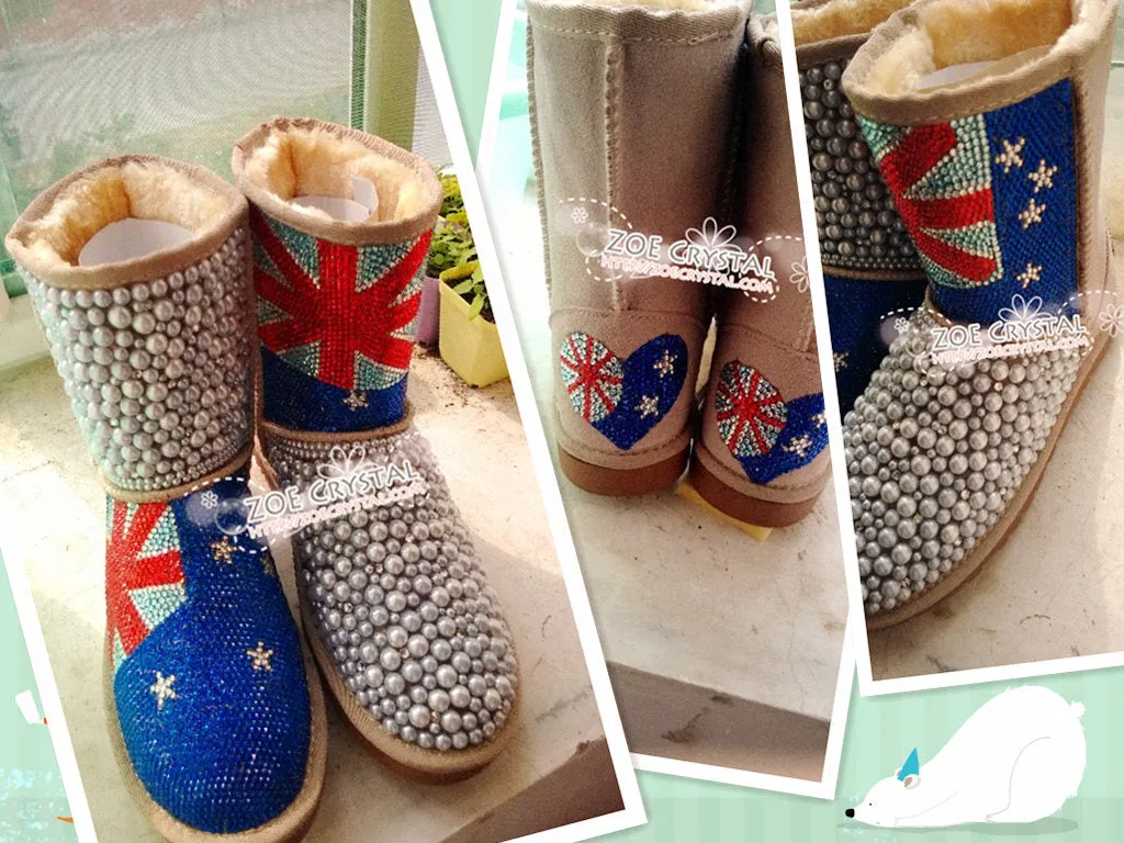 New**England Flag Style WINTER Bling and Sparkly Creamy White Pearls Wool BOOTS w shinning Czech or Swarovski crystals