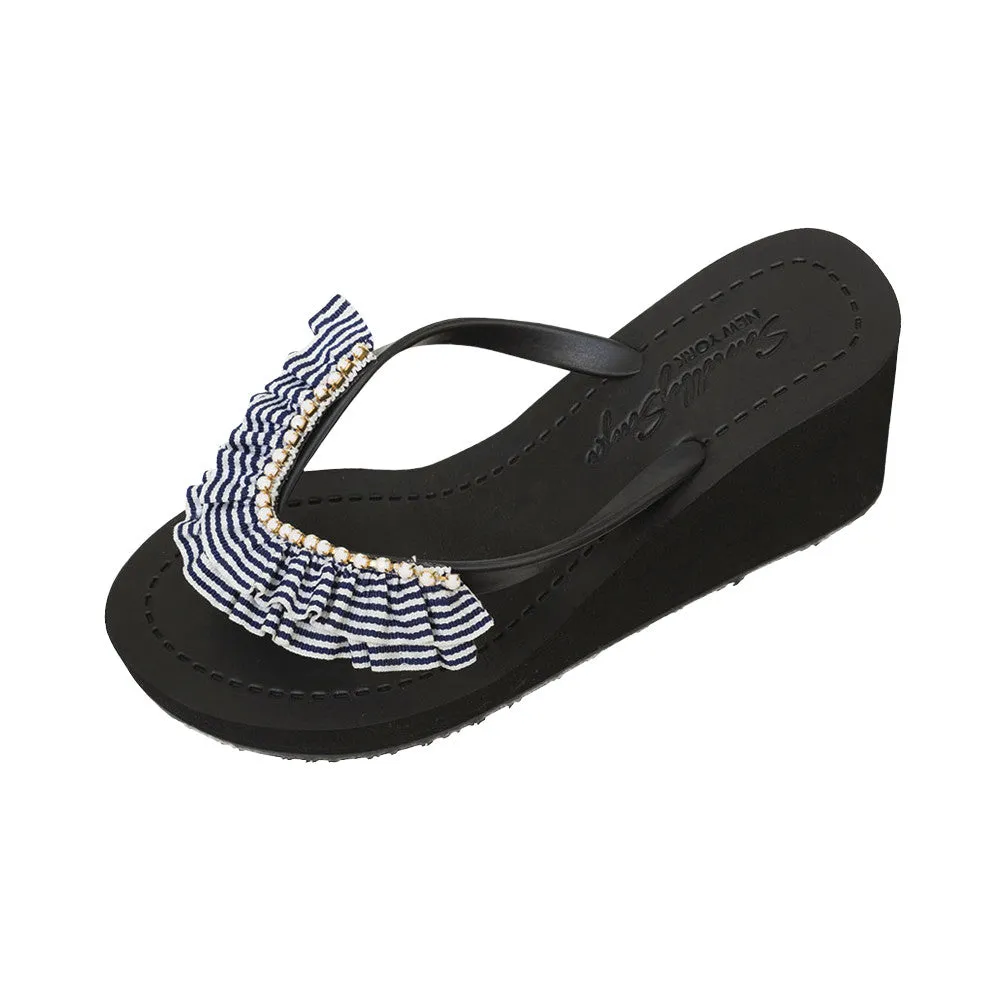 Rockaway Stripe - Marine Blue and white Rhine Stone Embellished Women's High Wedge Flip Flops Sandal