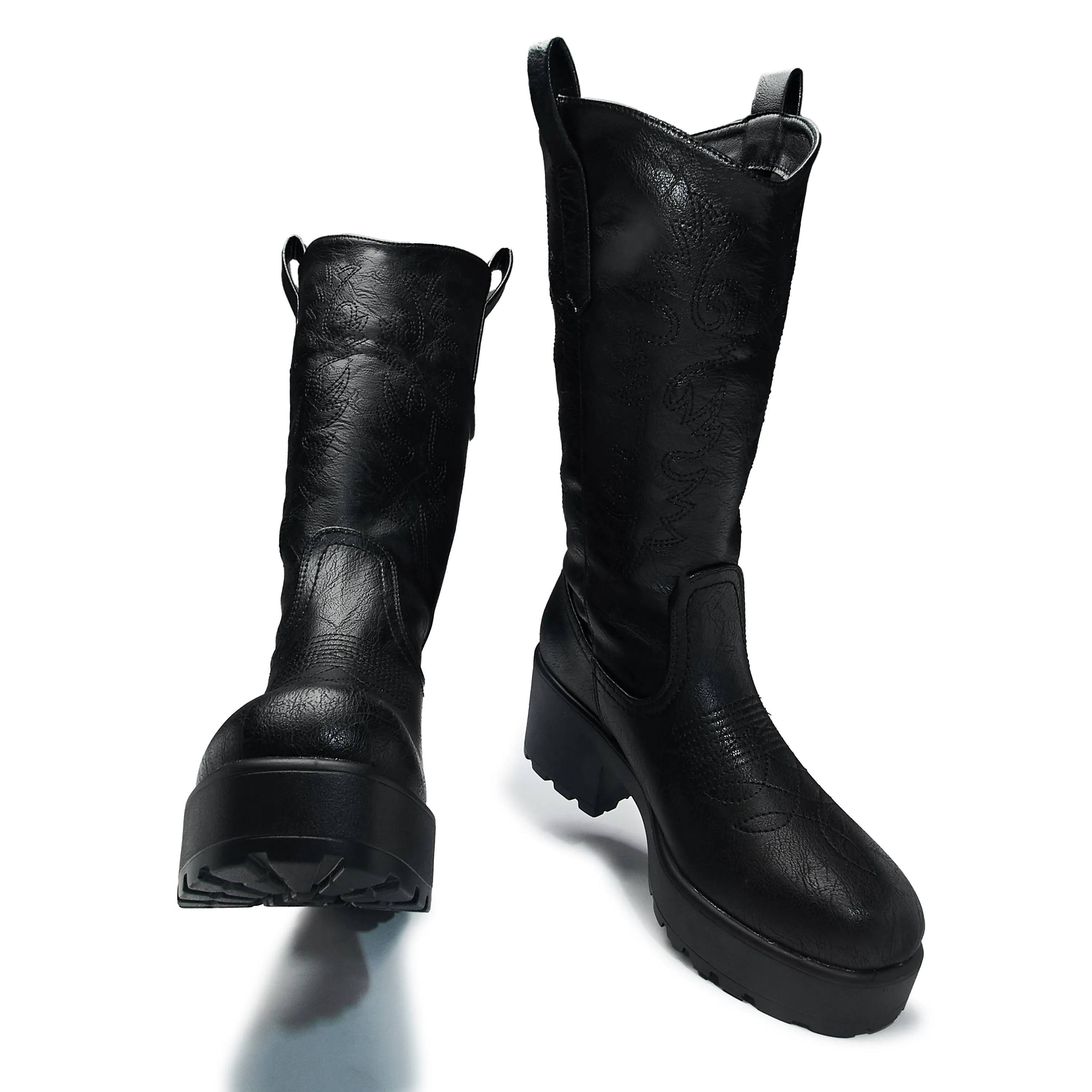 Wintu Long Chunky Western Boots - Vintage Black